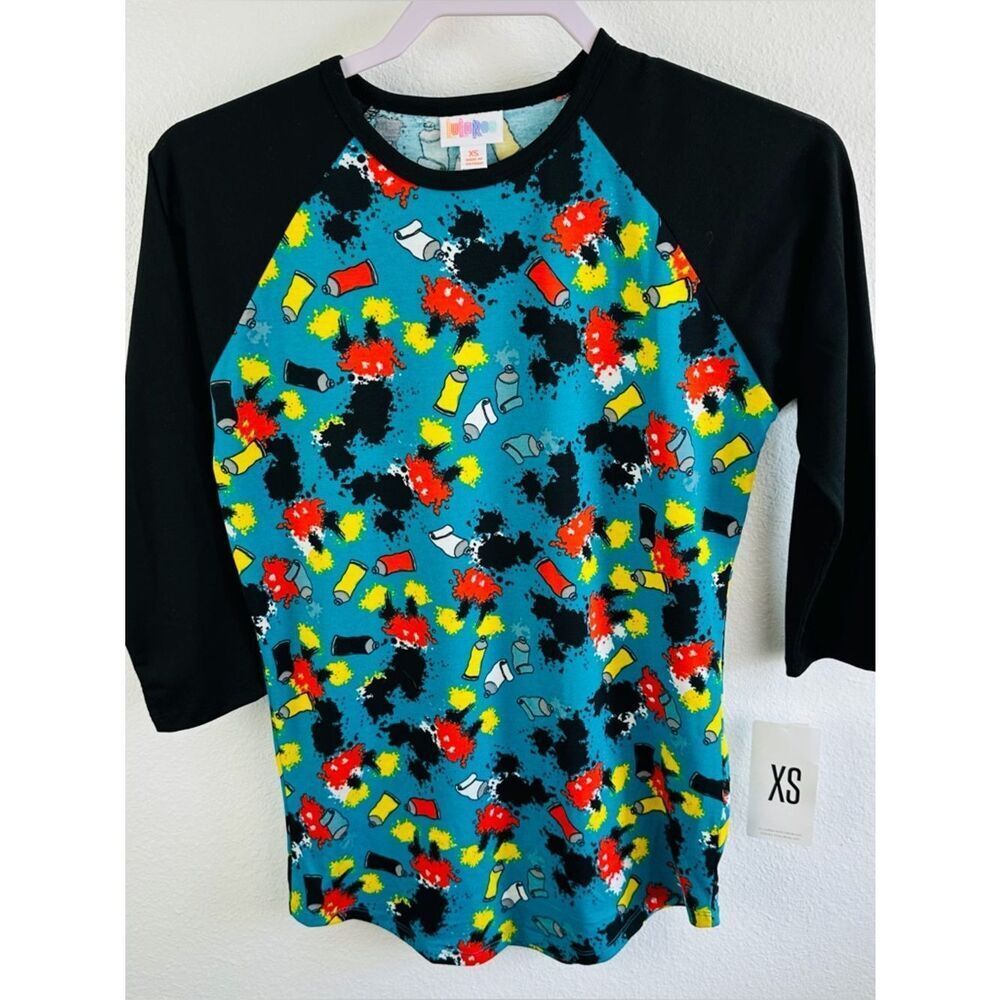 Lularoe Black Yellow Turquoise Paint Splatter Disney Mickey Randy Tee Size XS